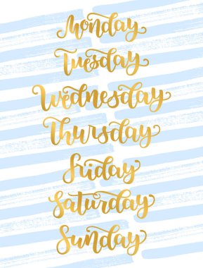 Haftanın El Mektubu Günleri Pazar, Pazartesi, Salı, Çarşamba, Perşembe, Cuma, Cumartesi. Modern Altın Kaligrafi. Çizim. Zamanlama için fırça mürekkebi kullanıcı adı.