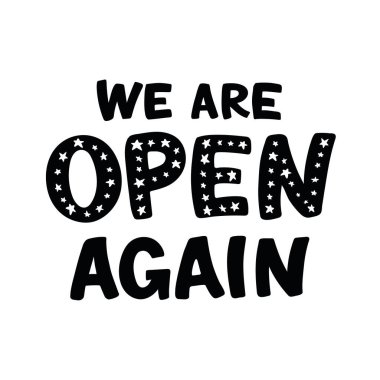 Mektupları tekrar açıyoruz. Küçük işletmelerin, dükkanların, kafelerin, restoranların yeniden açılmasından sonra. El çizimi vektör çizimi beyaza izole edildi. Tekrar hoş geldiniz..