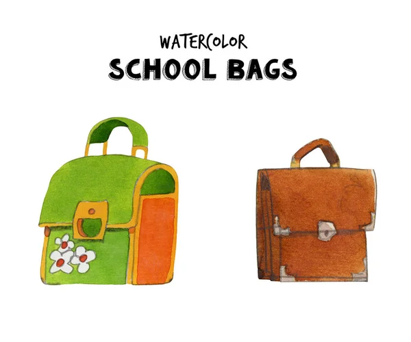 Watercolor school bags set illustration. Hand painted school bags isolated on white background.