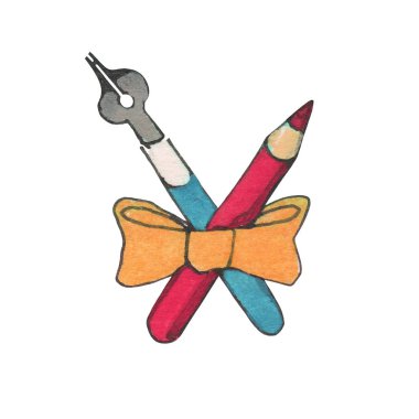 Renkli kalem ve kurdele ile kalem aracı ile suluboya sanat logosu. Beyaz arka planda yalıtılmış el boyalı öğe.
