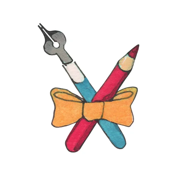 Aquarell-Art-Logo mit Buntstift und Stift-Tool mit Schleife. handbemaltes Objekt isoliert auf weißem Hintergrund. — Stockfoto
