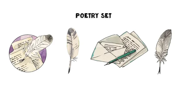 Conjunto de ilustraciones de poesía vintage acuarela. Letras, plumas, herramientas, bolígrafos. ilustraciones dibujadas a mano . — Foto de Stock