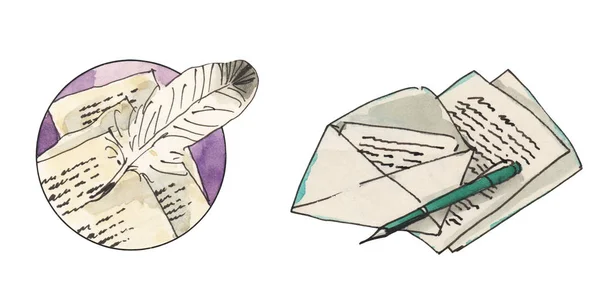 Ακουαρέλα vintage ποίηση σετ εικονογραφήσεων. Γράμματα, φτερά, εργαλεία πένας, στυλό. Εικονογραφήσεις χεριού. — Φωτογραφία Αρχείου