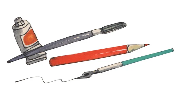 Aquarell Künstler Werkzeuge illustration.Schreibwerkzeuge. Kalligraphie-Werkzeuge. Farbschlauch. Stift-Tool. — Stockfoto