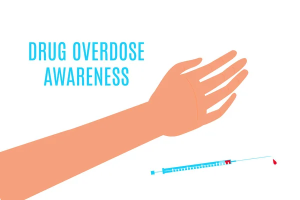 Día de conocimiento de la sobredosis de drogas con un brazo y una jeringa — Vector de stock