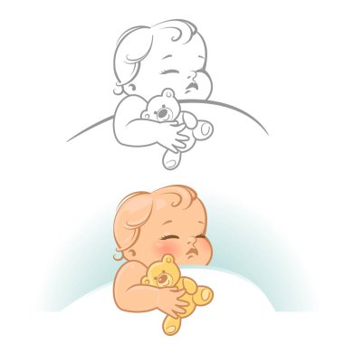 sevimli küçük uyuyan bebek. Geceleri yatakta bebek kız. Elinde oyuncak ayı. Hat sanat siyah beyaz ve renkli vektör çizim.