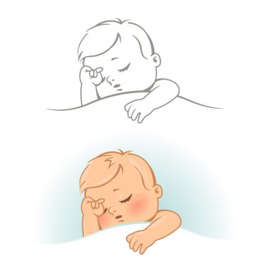 Sevimli küçük uyuyan bebek ile ayarlayın. Hat sanat siyah beyaz ve renkli vektör çizim.