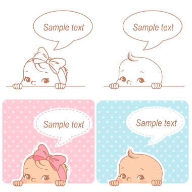 Bebek duş set. Bebek kız ve erkek bebek boş metin kabarcık ile. 