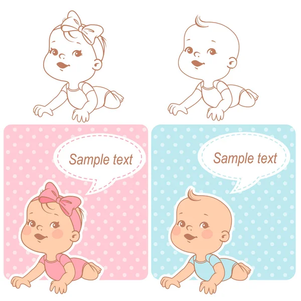 婴儿沐浴套装 女婴和男婴与空白文本气泡 你好爸爸妈妈 是个男孩 是女孩的名片 颜色和单色轮廓向量插图 — 图库矢量图片