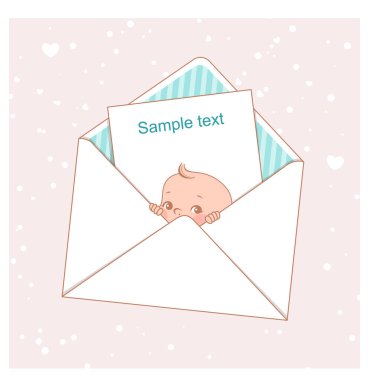 Bebek duş kartı. Sevimli küçük oğlu zarf içinde. Tasarım şablonu. Vektör çizim.