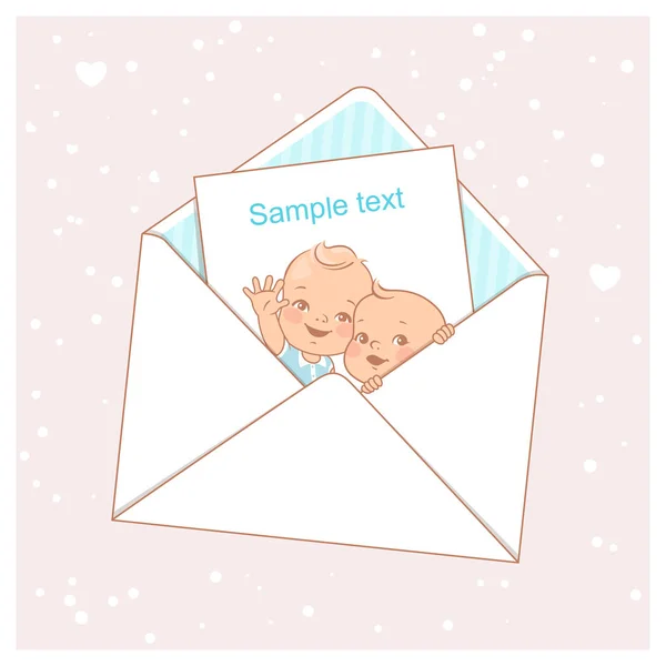 双人婴儿淋浴卡 可爱的小双胞胎在信封里 两个男孩 设计具有空白文本框架的模板 矢量插图 — 图库矢量图片