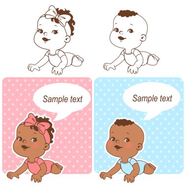 Bebek duş set. Bebek kız ve erkek bebek boş metin kabarcık ile. Merhaba anne ya da gün demek. Bir oğlan, bir kız kart. Esmer çocuk. Etnik bebek. Renkli ve tek renkli anahat illüstrasyon vektör.