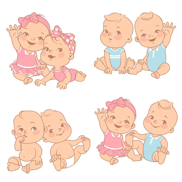 与可爱的小双胞胎宝宝一起设置 婴儿沐浴图 双胞胎女孩和男孩 不同对的兄弟姐妹 姐姐和哥哥坐在一起挥舞着手 矢量颜色插图 — 图库矢量图片