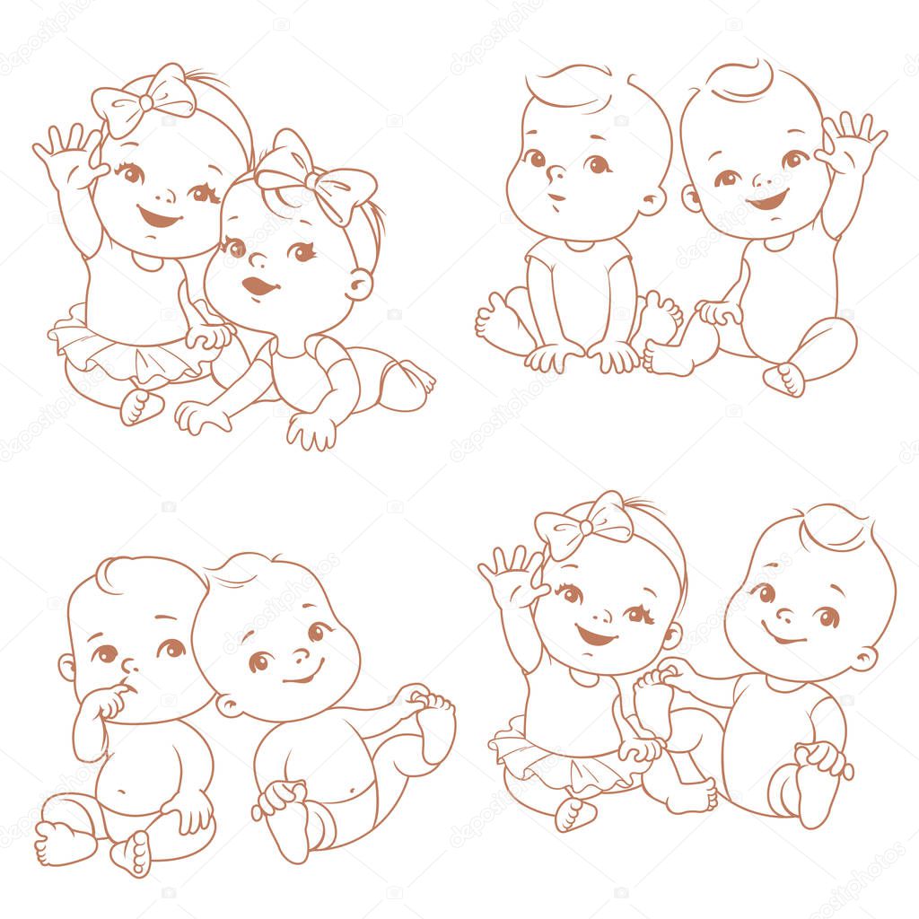 See with cute little twin babies. Baby shower illustration.Twin girls and boys. Different pairs of siblings. Sister and brother sitting waving hands. Monochrome outline vector illustration.