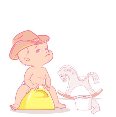 Lazımlık şirin bebek kız. Çocuk giyim kovboy şapkası. at sallanan sandalye. Lazımlık eğitimi, çocuk hayali kovboy, lazımlık, bebek oyuncak at ile öğrenirler. Anneler blog için önceden ayarlanmış. Instagram sayfası için şablon.