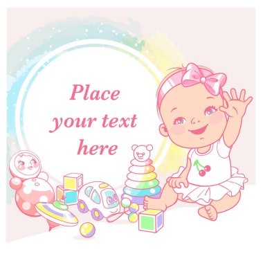 cute little baby girl say hello. Greeting baby. Happy smiling child play wave hands. Child's toys. Preset for blog. Template for mother's page in social media. Vector illustration. clipart