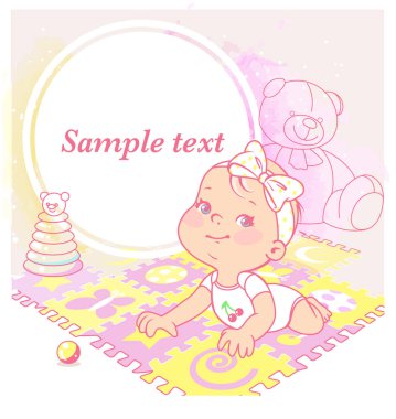 mat oynamaya döşeme sevimli küçük kız. Suluboya arka plan parlak bulmaca mat. Mutlu yürümeye başlayan çocuk. Boş metin çerçevesi. Blog için önceden ayarlanmış. Annenin sayfa sosyal medya için şablon. Vektör çizim.