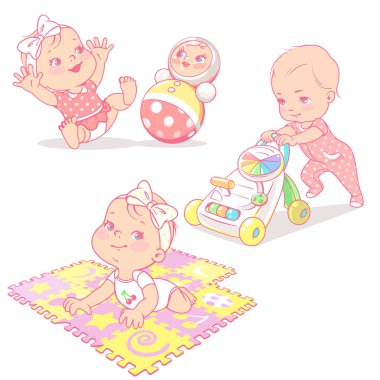 İzole yumuşak oyuncaklar ile ayarlayın. Bebeğim kız oyun mat, oynarken tumbler oyuncakla walker. Etkin toddler. Bebek gelişimi. Bir yıl kız. Annenin blog için önceden ayarlanmış. Tasarım şablonu. Vektör çizim.
