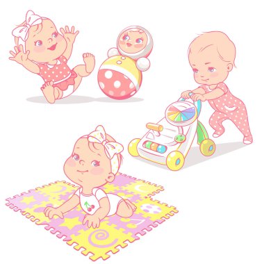 Set with different toys isolated. Baby girl play with tumbler toy, playing mat, walker. Active toddler. Baby development. One year girl. Preset for mother's blog. Design template. Vector illustration. clipart