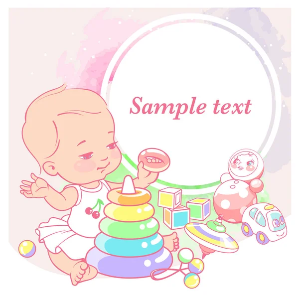 有金字塔的可爱小女孩 婴儿玩具 快乐的孩子微笑着坐 拿玩具 智力发展 博客预设 妈妈的社交媒体模板 矢量插图 — 图库矢量图片