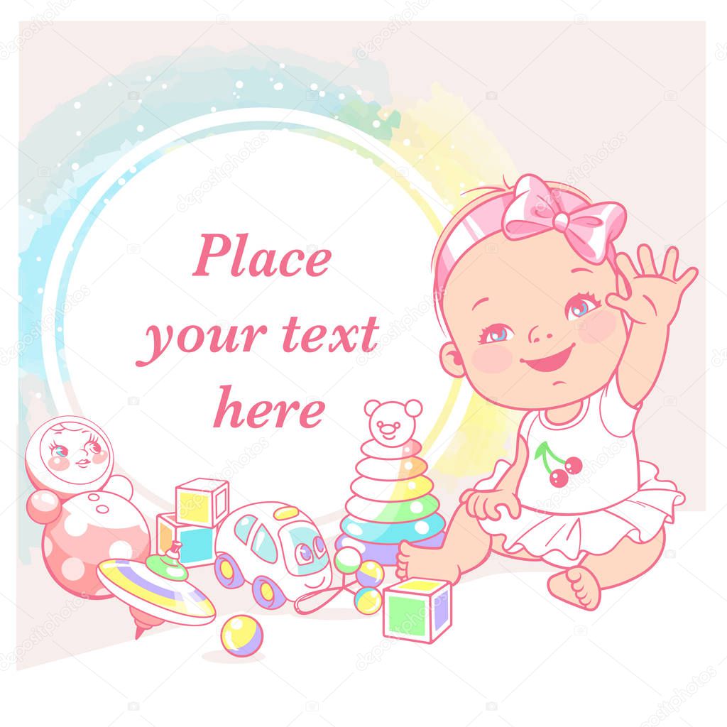 cute little baby girl say hello. Greeting baby. Happy smiling child play wave hands. Child's toys. Preset for blog. Template for mother's page in social media. Vector illustration.