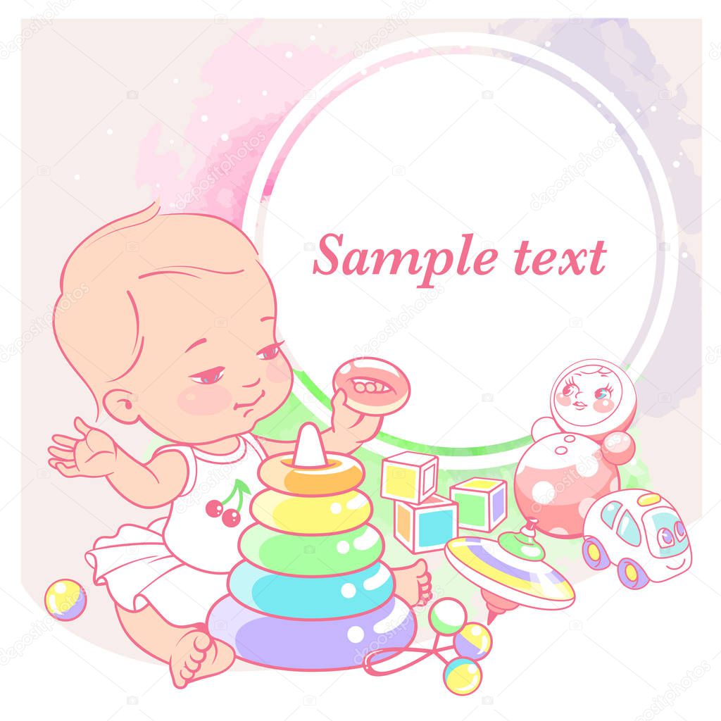 cute little girl  with pyramid.  Baby with toys. Happy smiling toddler sit, play, hold toy. Physical, intellectual development. Preset for blog. Template for mom's social media. Vector illustration.