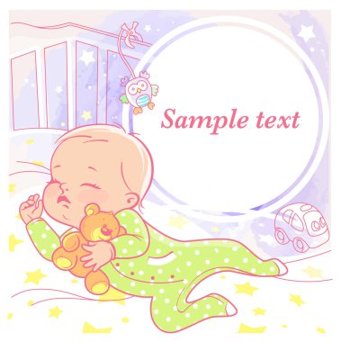 Tatlı küçük bebek uyku beşik. Sağlıklı uyku. Oyuncak ayı, baykuş ve oyuncak araba. Gece bebeğim. Boş metin çerçevesi. Blog için önceden ayarlanmış. Annenin sayfa sosyal medya için şablon. Vektör çizim