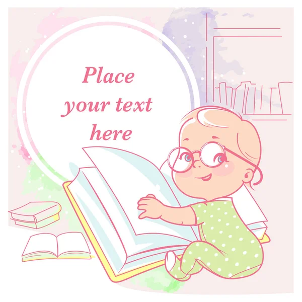 Cute Little Girl Book Happy Smiling Toddler Wear Glasses Sit — Stock Vector