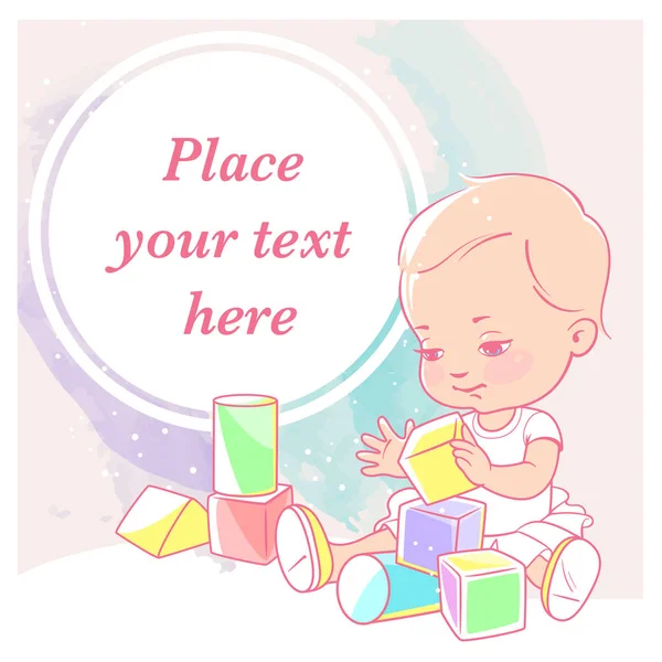 Aranyos Kislány Blokkokat Baby Játékok Kisgyermek Boldog Mosolygó Tart Fakockák — Stock Vector