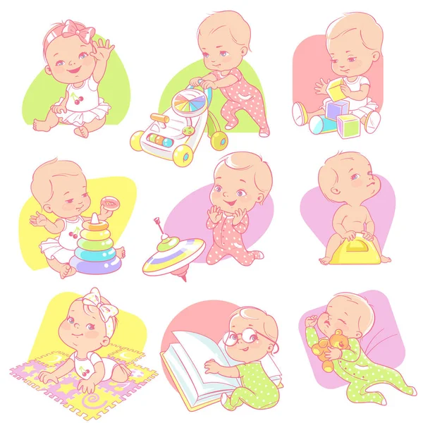 Sevimli küçük Bebek Toddler kız ile çeşitli oyuncaklar ile ayarlayın. Çocuğun faaliyetleri. Bebek okumak, uyku, oyun, yürümek, lazımlık üzerinde oturmak. Bir yıl kız, Pembe pijama. MOM's blog için tasarım. Vektör çizim