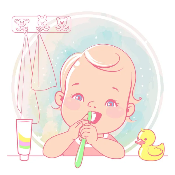 可爱的小女孩刷她的牙齿在镜子在浴室 牙刷在手 张开嘴 儿童卫生 在社交媒体的母亲的博客模板 向量例证 — 图库矢量图片