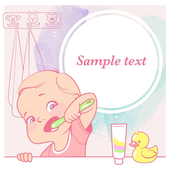 可爱的小女孩刷她的牙齿在镜子在浴室 牙刷在手 张开嘴 儿童卫生 在社交媒体的母亲的博客模板 向量例证 — 图库矢量图片