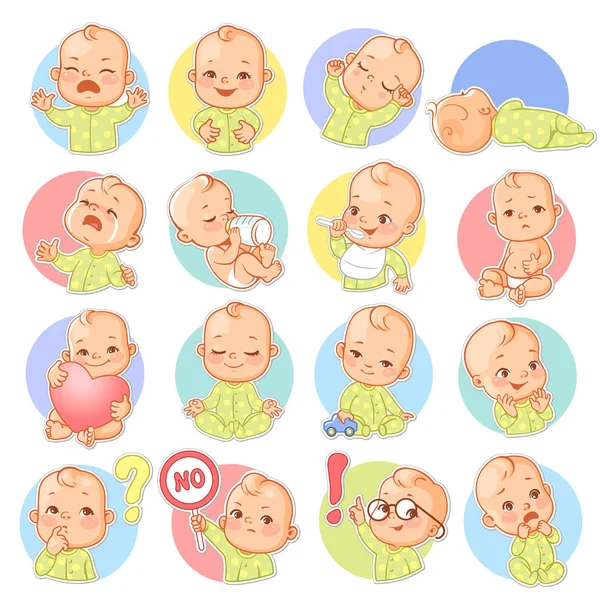 Set Baby Stickers Cute Little Baby Boy Girl Smiley Different — Stock Vector