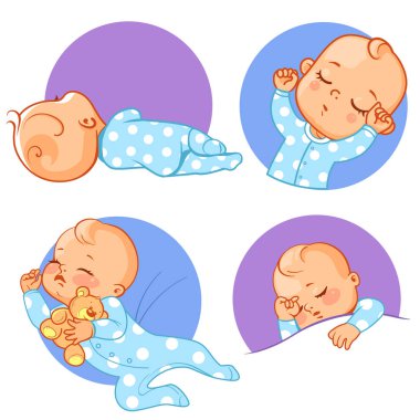 Sevimli küçük uyuyan bebek ile ayarlayın. Mavi pijama erkek bebek uyku farklı teşkil etmektedir. Çocuk geceleri uyku. Sağlıklı uyku. Bebek rejimi. Etiketleri, smiley, sosyal medya, vektör emoji şablonu