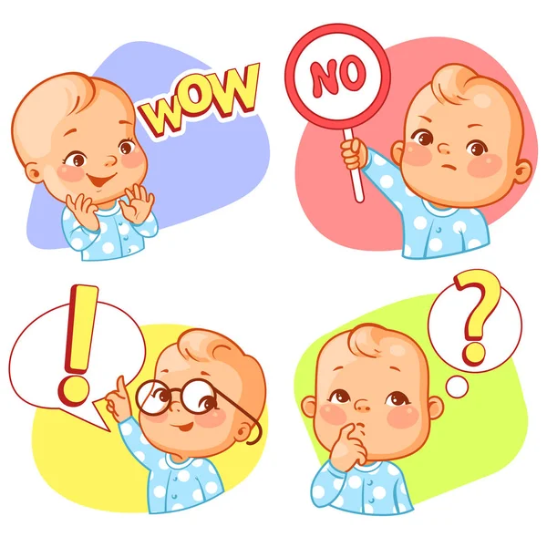 Aantal Baby Stickers Smiley Emoji Baby Zeggen Wow Nee Vraagteken — Stockvector