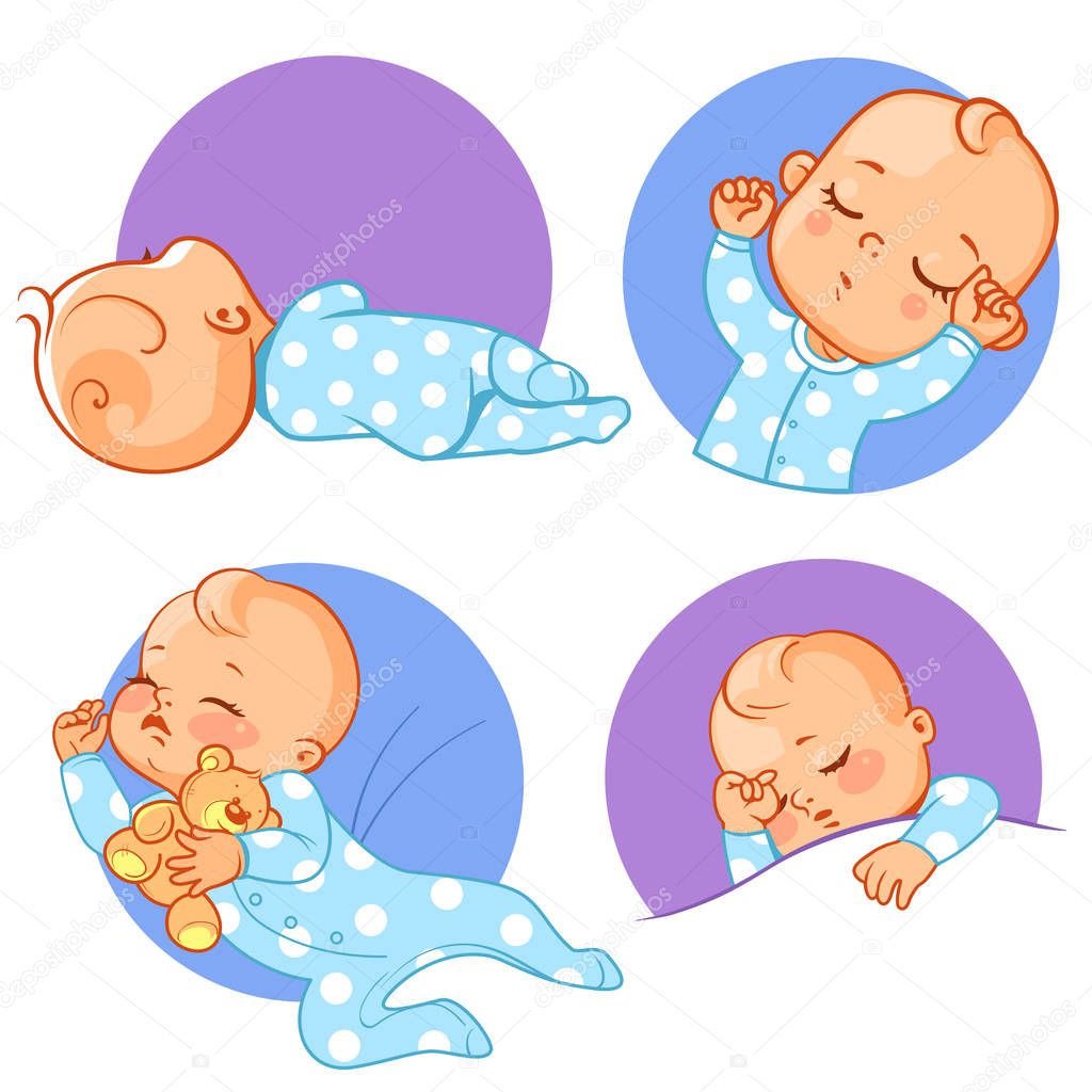 Set with cute little sleeping baby. Baby boy in blue pajamas sleep in different poses. Child  sleep at night. Healthy sleep. Baby regime. stickers, smiley, emoji template for social media, Vector