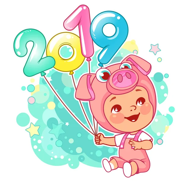 Novoroční Přání Čínský Rok Symbol Sladké Dítě Nosit Kostým Prasete — Stockový vektor