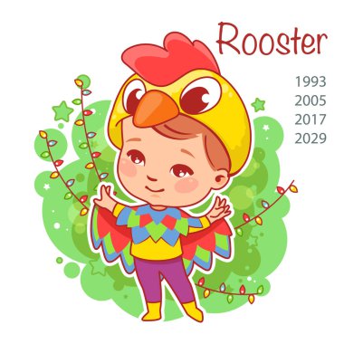 Chinese year symbol. Cute little baby wear costume  of rooster.  Little boy as rooster. Baby boy or girl celebrate. Carnival costume. Kid celebrating new year.Vector illustration. clipart