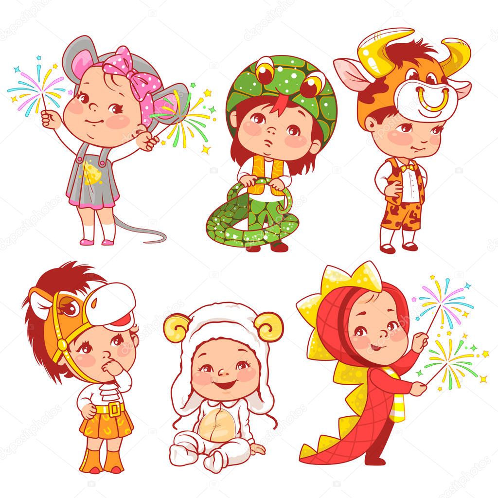 Cute little baby wear carnival costumes. Kindergarten masquerade. Preschool kids as animals. Mask of dragon,ox, mouse, snake, sheep, horse. Girls and boys play animals. Vector illustration.