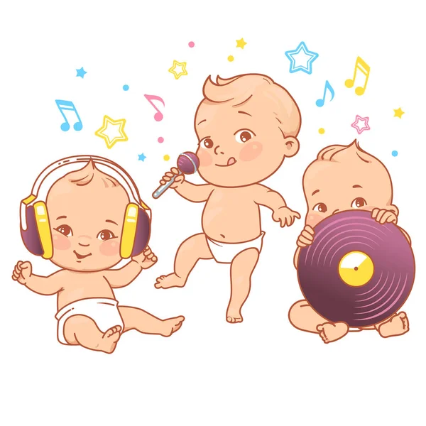 おむつにかわいい赤ちゃん 幸せな子供は 音楽を聴きます 女の子と男の子のヘッドフォン マイク ビニールを保持します 子供は座る ダンス 歌います 分離されたカラフルなベクトル図 — ストックベクタ