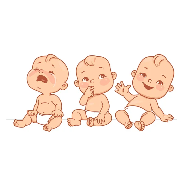 一套婴儿情感肖像 卡通小宝宝 穿着尿布 好奇的婴儿 体贴的孩子 素描风格 被隔绝的五颜六色的向量例证 — 图库矢量图片