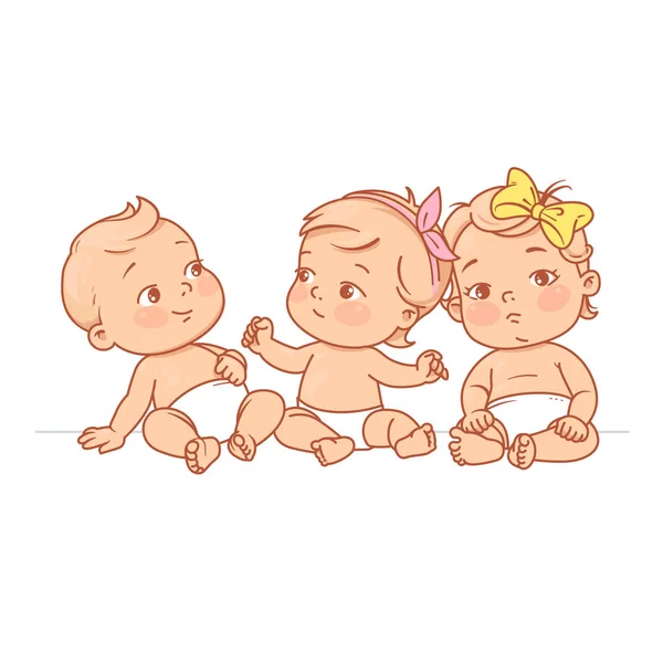 Cute Little Babies Diaper Sitting Together Happy Children Girls Boys — Stock Vector