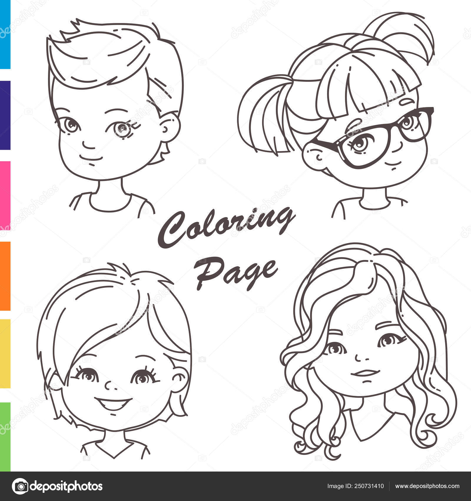 Coloring Page Young Girl Portraits Different Hairstyles Outline