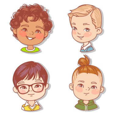 Çocuğun yüzleri ile ayarlayın. Userpics blog için. Çocuk yüzleri avatar koleksiyonu. Daire içinde farklı Çocuk Portreler vektör Illustration. Çeşitli renk saç, göz, deri, ulus. Vektör çizim.