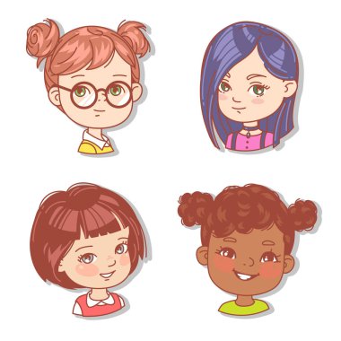 Kızın yüzleri ile ayarlayın. Userpics blog için. Kadın yüzleri avatar koleksiyonu. Daire içinde farklı kız portre vektör Illustration. Çeşitli renk saç, göz, deri. Vektör çizim.