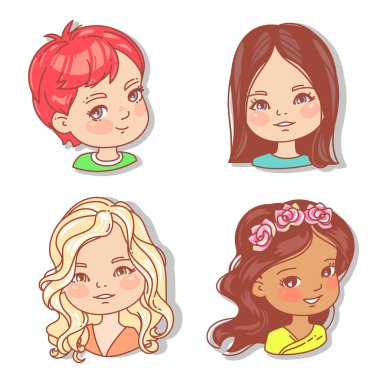 Kızın yüzleri ile ayarlayın. Userpics blog için. Kadın yüzleri avatar koleksiyonu. Daire içinde farklı kız portre vektör Illustration. Çeşitli renk saç, göz, deri. Vektör çizim.