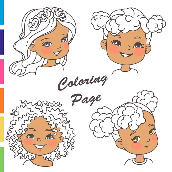 Página Para Colorear Retratos Chicas Jóvenes Con Diferentes Peinados Bosquejo — Vector de stock