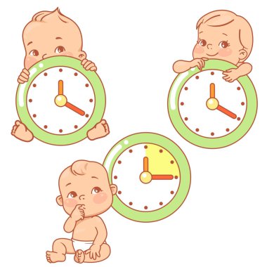 baby Little baby with clocks. Time for baby. clipart