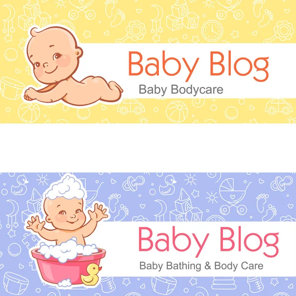 Banner para blog. El chico yacía boca abajo. Bebé en baño . — Vector de stock