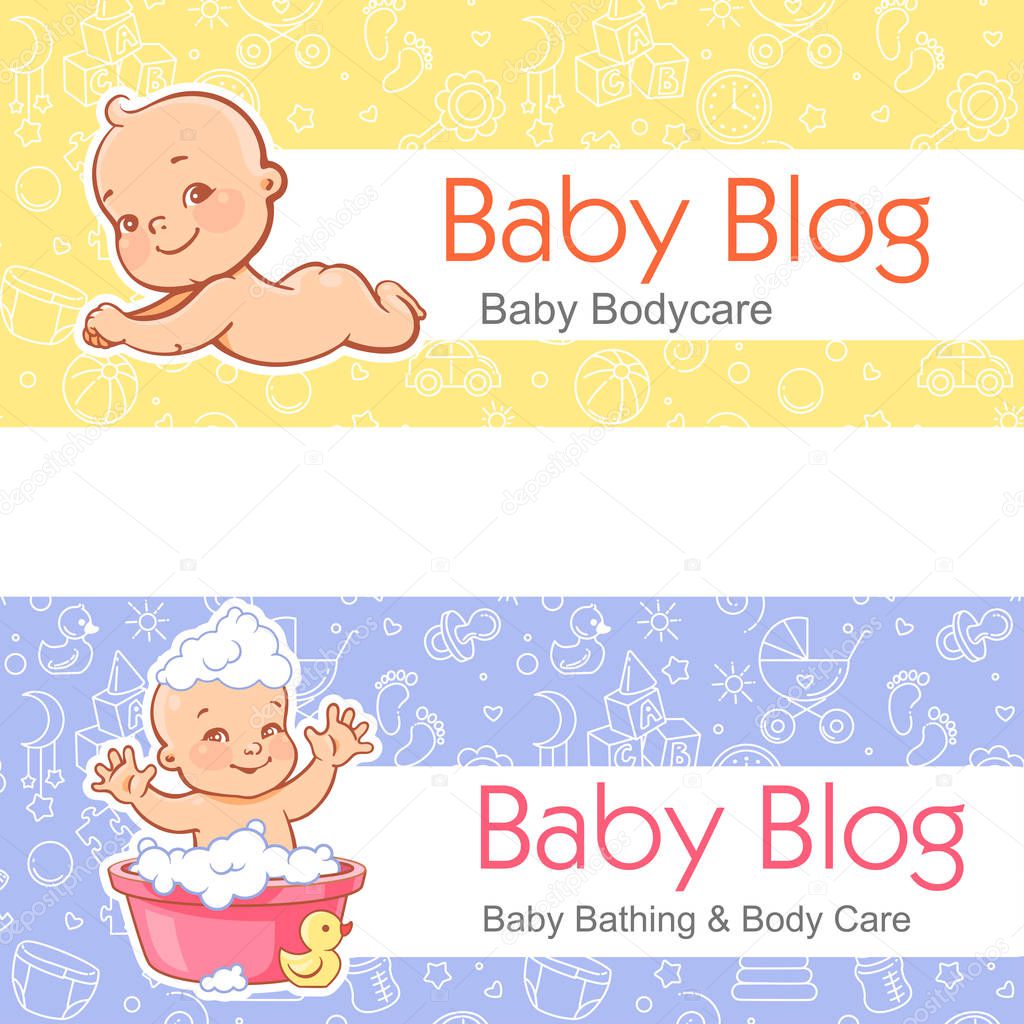 Banner for blog. Kid lay on stomach. Baby in bath.